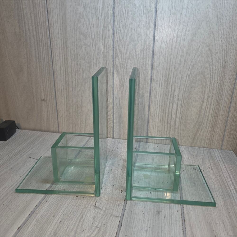 Vtg Minimalist Clear Glass Bookends With Candle Holder/Planter MCM Art Heavy